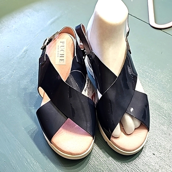Puche sandles made in Spain. Navy blue patten‎ leather. Cork wedge.size 6… - Picture 1 of 9